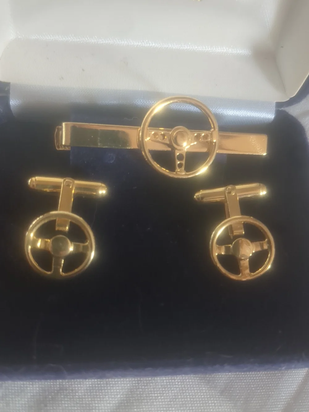 Gold Steering Wheel Tie Clip and Cufflink Set